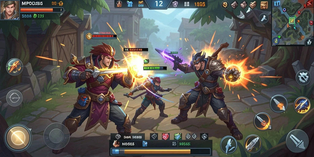Screenshot menunjukkan aksi pertarungan tim dalam gameplay MOBA.