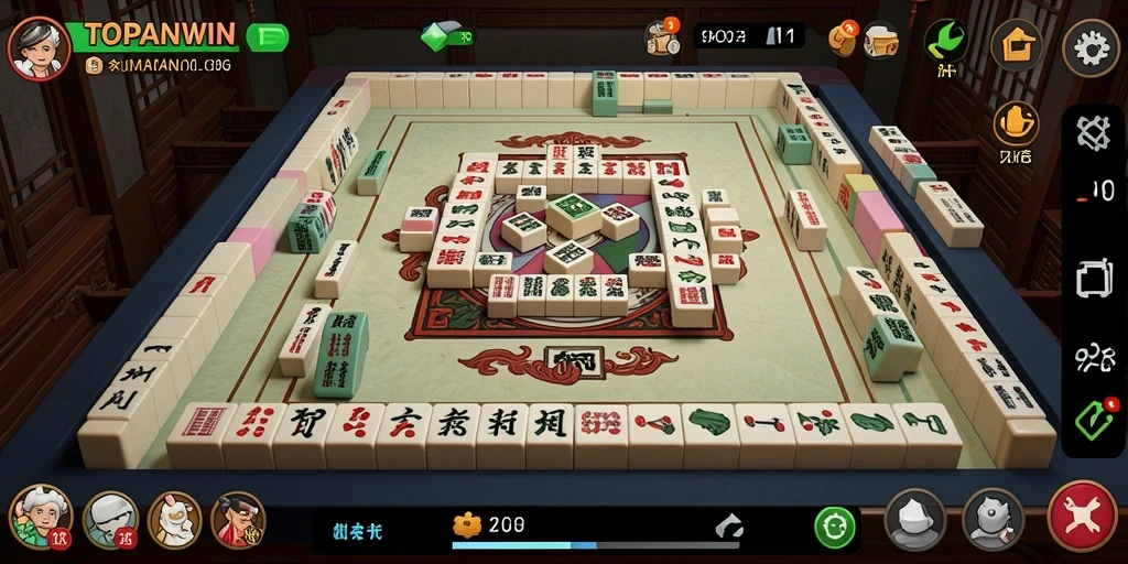 Tampilan utama gameplay TOPANWIN yang menampilkan suasana Mahjong.